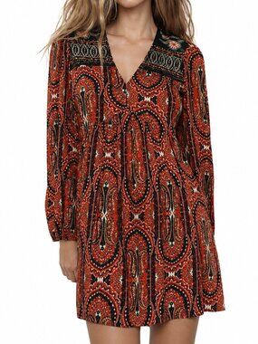 Zara Red Paisley Long-Sleeve Embroidered Yoke Boho Dress